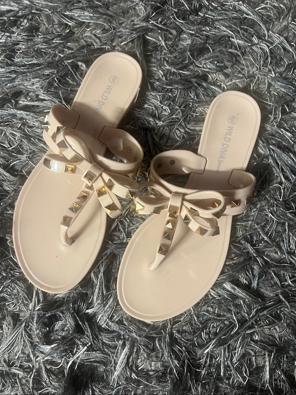 Wild Diva Nude Bow Studded Jelly Sandals - Nude/Gold Accents